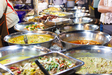 Thai street foods, Thai foods style Rice and Curry at market Bangkok of Thailand.