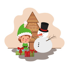 elf with christmas tree and snowman
