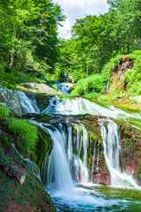 Fototapeta na wymiar 新緑の滝　おしどり隠しの滝