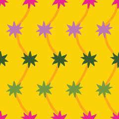 Fototapeta na wymiar Hand drawn star shapes and zig zag vertical stripes, clean simple design. yellow, hot pink,lavender and green. Stationery, product packaging, textiles, fashion, home decor, gift wrapping.