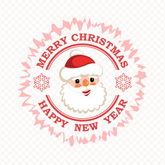 Christmas round sign with Santa Claus face with snowflakes and text.