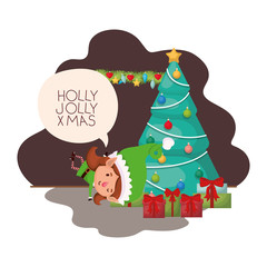 elf woman with christmas tree and gifts