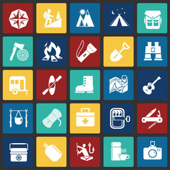 Camping icons set on color squares background for graphic and web design, Modern simple vector sign. Internet concept. Trendy symbol for website design web button or mobile app