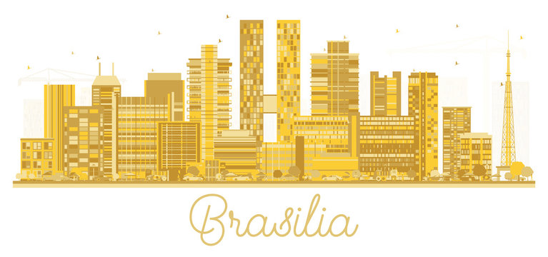 Brasilia Brazil City Skyline Silhouette with Golden Buildings Isolated on White.