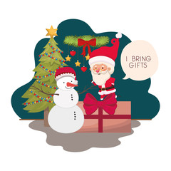 santa claus with christmas tree and snowman
