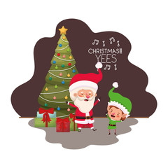 santa claus and elf with christmas tree and gifts