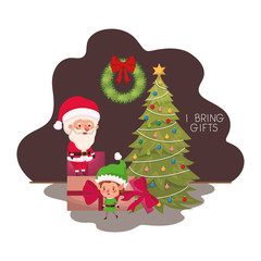 santa claus and elf with christmas tree and gifts