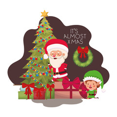 santa claus and elf with christmas tree and gifts