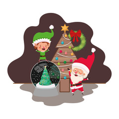 santa claus and elf with christmas tree