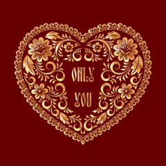 Heart-shaped frame in russian traditional style khokhloma painting. Design element for Valentines Day card