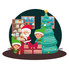 couple of elves and santa claus with christmas tree