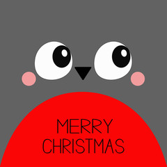 Merry Christmas. Bullfinch red bird square head face icon. Big eyes, beak. Happy New Year. Cute cartoon funny kawaii character. Winter background. Greeting card. Flat design.