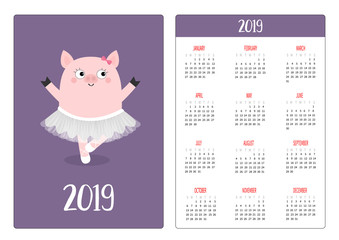 Cute pig piggy ballerina. Ballet dancer in white dress. Pocket calendar layout 2019 new year. Week starts Sunday. Cartoon character. Vertical orientation. Flat design. Violet background.