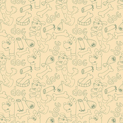 Dog seamless. Funny, funny background. Yellow. Sketch doodle.