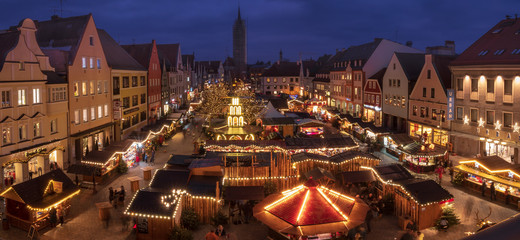 view from top of a building to the entire Christmas Market in Pfaffenhofen Germany with red light impressions
