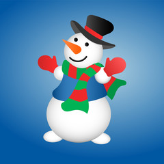 Christmas illustration. Banner with lettering. Snowman on a blue gradient background