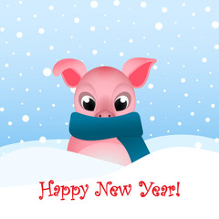 Christmas illustration. Banner with lettering. Piggy in a blue scarf sits in a snow.