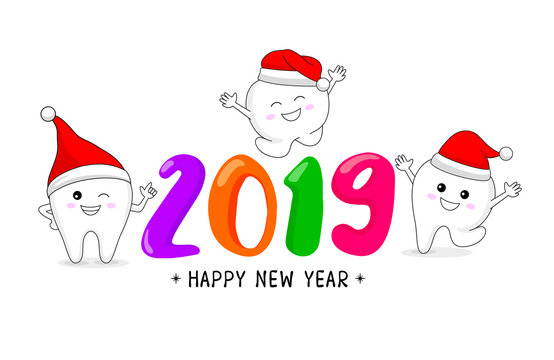 Cute cartoon tooth character with Santa hat. Happy new year, dental care concept. Vector illustration isolated on white background.
