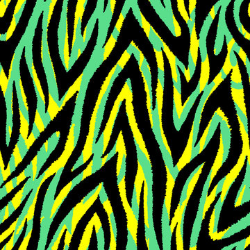 Colorful animal fur texture seamless pattern. Exotic tropical vector background. Green, black and yellow mix.