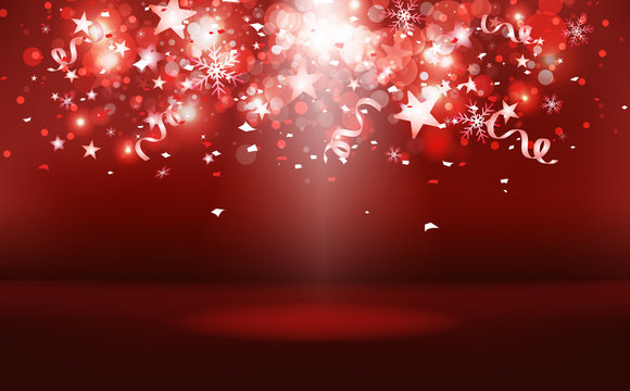 Red stage shooting stars falling with paper confetti celebrate, snowflakes and dust, blur cluster light bright scatter festival award abstract background vector illustration