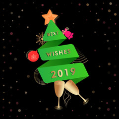Abstract Christmas greeting card template with green paper cut Christmas tree in origami style. Best wishes 2019, New year dark Memphis banner with bells, glasses of champagne abstract geometric shape