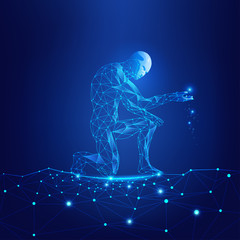 Obraz premium concept of technology advancement, digital man reaching futuristic connected line
