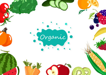 Organic food, vegetables and fruits, healthy food collection balance diet, market banner poster creative background vector illustration
