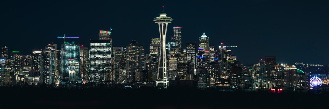 Urban Panorama of Seattle Skyline Skyscraper Buildings at Night