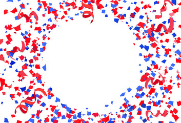 Confetti, paper and ribbons scatter explosion celebration party on white abstract background vector illustration, red and blue concept