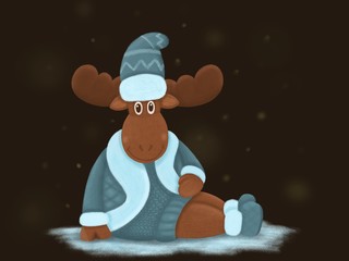 illustration of elk in a sweater and hat, christmas print Christmas card with deer in winter hat