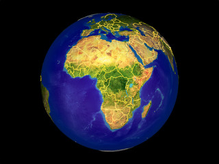 Africa from space on model of planet Earth with country borders. Very fine detail of the plastic planet surface and oceans.