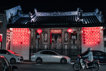 Chinese temple at night in Penang, Malaysia.