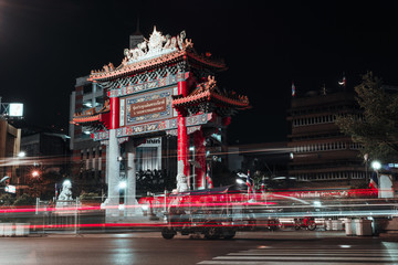 Bangkok China town gate with long exposure at night.