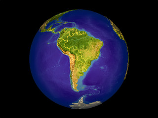 South America from space on model of planet Earth with country borders. Very fine detail of the plastic planet surface and oceans.