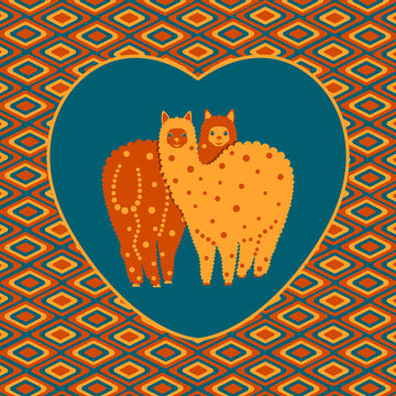 Valentines Day. Two alpacas stand nearby. Framed heart. Background ethnic motifs.