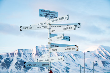 Big pole with directions signs and distances to cities of the world. Blue sky, mountains covered...