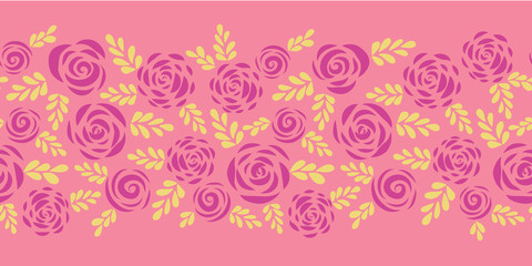 Flat roses and leaves seamless vector border. Silhouette Floral pattern. Flower illustration for stickers, greeting cards, poster, banner, frame, border. Stencil for laser cutting. Die cut template