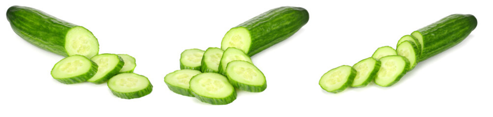 Naklejka na ściany i meble fresh cucumber slices isolated on white background