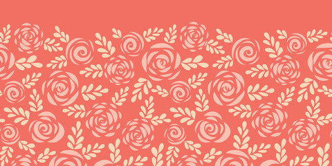 Scandinavian style roses and leaves red pink seamless vector border. Floral silhouettes. Flower pattern for Valentines, greeting card, poster, banner, frame, border, stencil for laser cutting, die cut