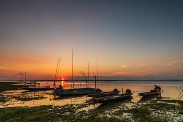 Beautiful sunset on the fishing  village in Ubonrat dam, Thailand.