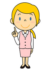 スーツの外国人女性 立ち姿 人差し指を指す