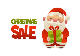 Happy cute cartoon Santa Claus with gift present and text Christmas sale