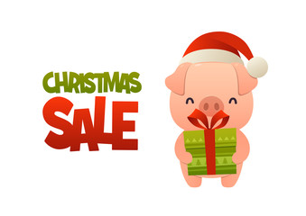 Happy cute cartoon pig with gift present and text Christmas sale