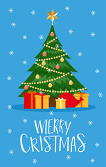 Vector Christmas greeting card with christmas tree and decorations, gift boxes and lettering on blue background. Holiday poster,card,banner