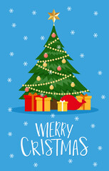 Fototapeta premium Vector Christmas greeting card with christmas tree and decorations, gift boxes and lettering on blue background. Holiday poster,card,banner