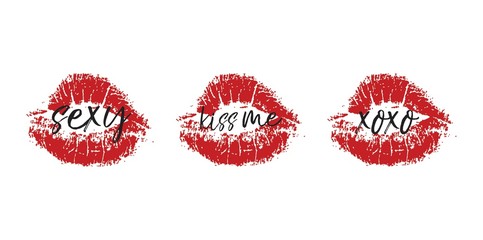 Vector lips print. Phrases sexy, kuss me, xoxo with woman kiss print. Design for t-shirt. Girls slogans. Fashion illustration