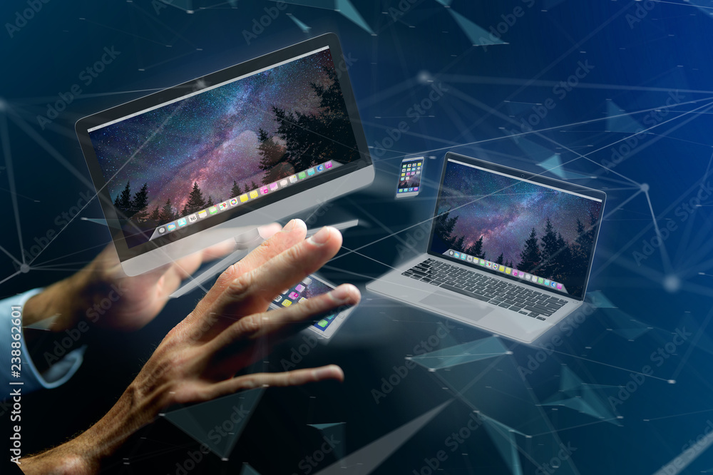 Poster devices like smartphone, tablet or computer flying over connection network - 3d render
