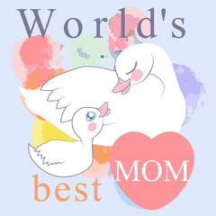 Swan mother with baby. Mother's day card