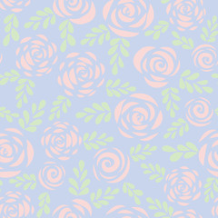 Pastel roses seamless vector pattern abstract Scandinavian style flat flowers and leaves. Floral silhouettes background. Flower pattern for Valentines, greeting card, poster, banner, stencil, wedding