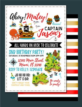 Pirate birthday invitation. Treasure Map Invitation. Vector Illustration. - Vector